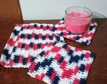 Crochet 3 pack dishcloth with blue, purple and gray. 100% cotton. Housewarming gift.