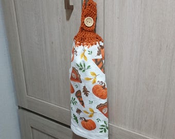 Fall Autumn Thanksgiving Vibes Crochet Hanging Button on Towel