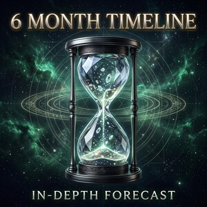 May include: A black hourglass with a faceted glass bulb containing glowing particles, set against a dark green nebula background. The text 6 MONTH TIMELINE appears at the top, and IN-DEPTH FORECAST is printed at the bottom in white lettering.