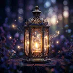 May include: Ornate bronze lantern with intricate filigree and glass panels, illuminated by a warm candle flame. The lantern is set against a blurred background of purple flowers and glowing particles, creating a magical ambiance.