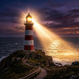 May include: A red and white striped lighthouse on a rocky cliff, with a bright beam of light shining across the ocean. The sky is a mix of dark purple and orange hues, and a wooden walkway leads up to the lighthouse.