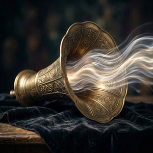 May include: A detailed image of a vintage brass gramophone horn with intricate carvings. The horn is positioned on a dark, textured surface, with a stream of glowing, ethereal light emanating from its opening. The overall aesthetic is antique and artistic.