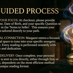 May include: Image detailing "The Guided Process" with text describing the steps: Share your focus, Spiritual Connection, and Direct Delivery. A lit antique oil lamp with glowing light and swirling energy is on the right side of the image.