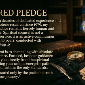 May include: An image with the text "A Sacred Pledge" and additional text describing spiritual guidance. The image includes a lit oil lamp, a compass, a quill, and a stack of papers with symbols.