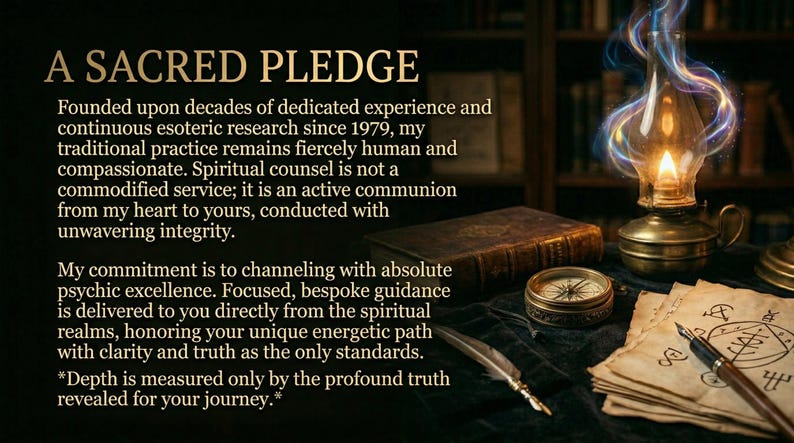 May include: An image with the text "A Sacred Pledge" and additional text describing spiritual guidance. The image includes a lit oil lamp, a compass, a quill, and a stack of papers with symbols.