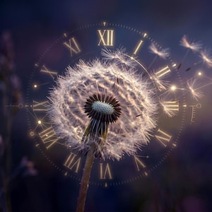 May include: A close-up of a dandelion clock with a clock face overlay. The clock face features Roman numerals in a gold color. The dandelion is white and fluffy, with some seeds floating away. The background is a dark purple.