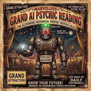 May include: Vintage-style poster advertising a "Grand AI Psychic Reading." A steampunk robot with glowing red eyes and a green light holds a crystal ball. The poster features carnival imagery and text: "Know Your Future!" and "Step Right Up!"