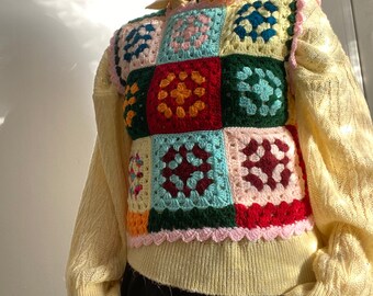 The SIMRAN ~ Retro 60s 70s handmade in the UK crochet granny square vest, Size 6 8 10, retro cardigan