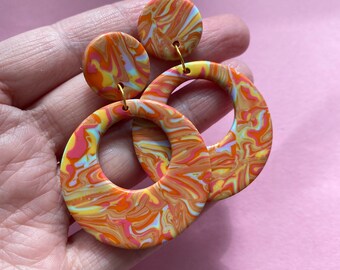 PSYCHEDELIC ~ 60s 70s mod handmade polymer clay hoop earrings , retro funky 1960s inspired earrings, groovy UK jewellery