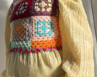 The ANJALI ~ Retro 60s 70s handmade in the UK crochet granny square vest, Size 6 8 10, retro cardigan
