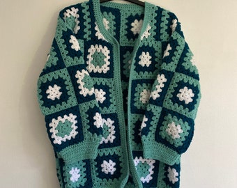 The FARRAH ~ Retro 60s 70s handmade crochet granny square cardigan, S/M, 70s colours blue, teal, white