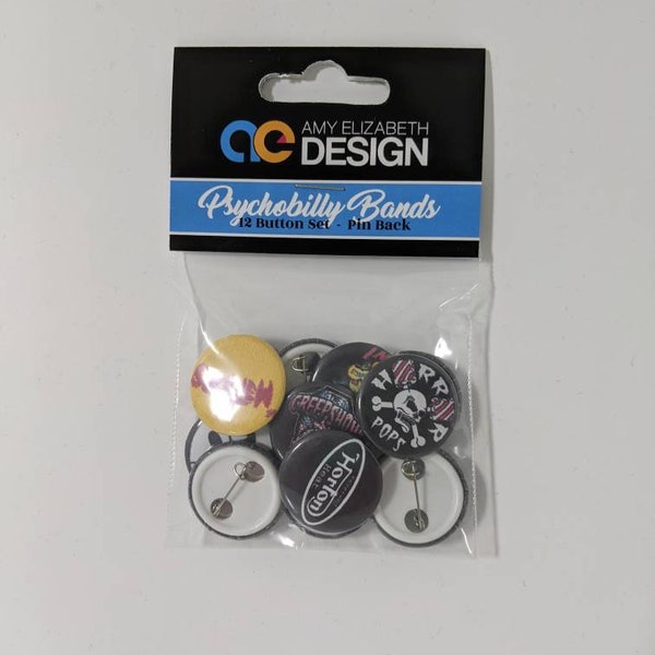 Set von 12 - 2,5 cm Psychobilly/Rockabilly Band Buttons