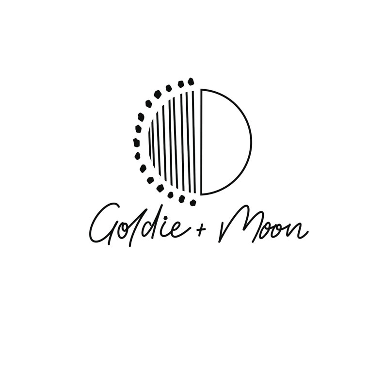 May include: Black and white logo design with a sun and moon graphic. The text "Goldie + Moon" is written in cursive below the graphic.