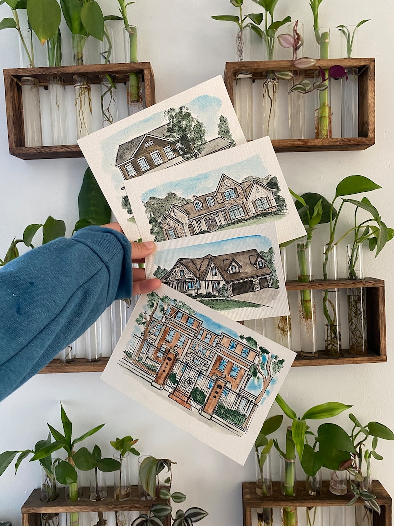 May include: Four watercolor paintings of houses, each framed and displayed on a wall with potted plants. The paintings are in a light blue, brown, and green color scheme.