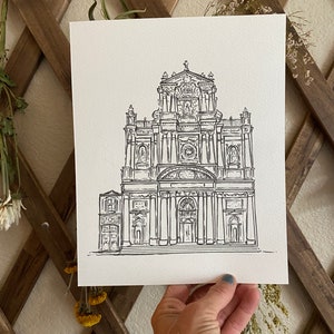 May include: A black and white line drawing of a large church building with a tall steeple and many windows.