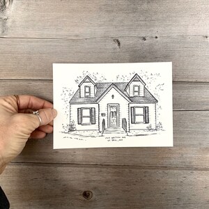 K&ouml;nnte beinhalten: Schwarz-wei&szlig;-Zeichnung eines Hauses mit einem Satteldach, zwei Fenstern auf jeder Seite und einer Haust&uuml;r. Die Zeichnung ist auf wei&szlig;em Hintergrund und hat den Text "This house matters and my tribe, and..." unten.