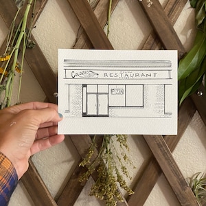 May include: A black and white line drawing of a restaurant storefront with the name "Colosseo Italian Restaurant Pizzeria" above the entrance. The storefront has a brick facade and two large windows. A sign above one of the windows reads "Pizza."