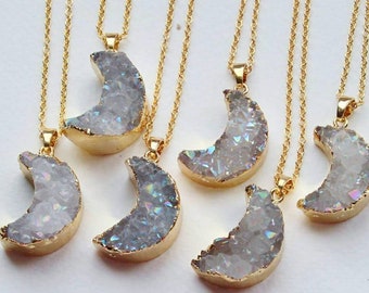 Agate druzy crescent moon crystal aura necklace clear raw clustergeode rock