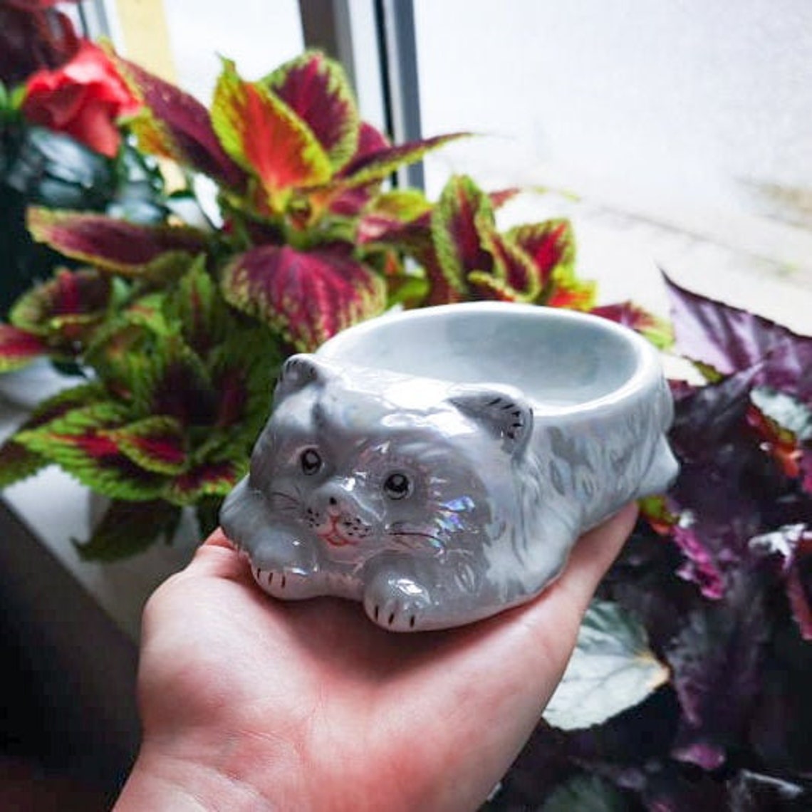 Iridescent cat trinket dish bowl vintage cat figurine ceramic Etsy