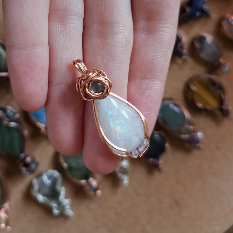 Rainbow moonstone and labradorite wire wrapped copper pendant wrapping anti tarnish square light cabochon pendant