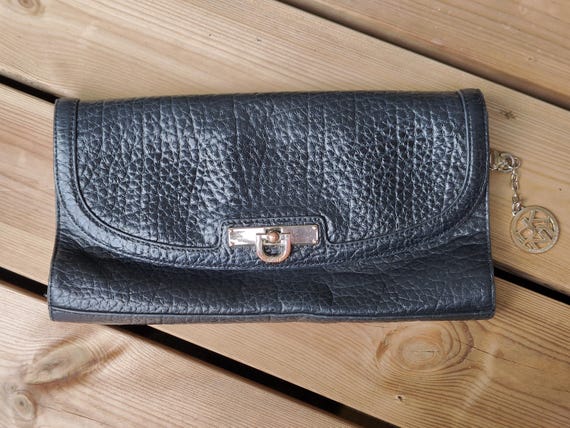 Vintage DKNY Black Pebbled Leather Clutch – Designer Evening Bag