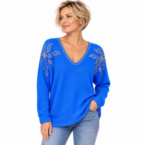 Vintage 1980s Ciro Esposito Studded Sweater, Royal Blue Wool Blend V Neck Jumper, Gold and Silver Studded Flower Embellished Knit L size