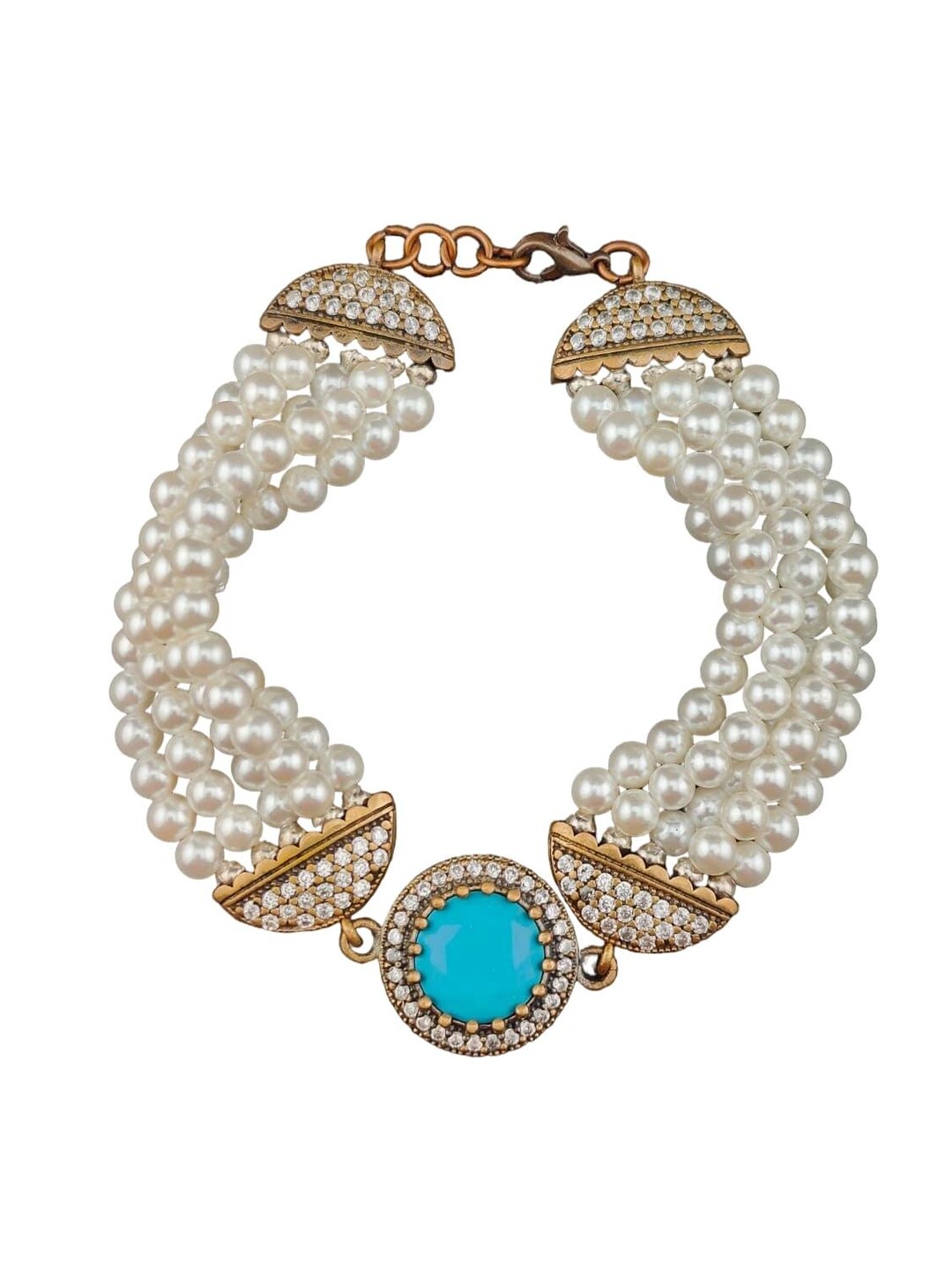 ヴィンテージ風フェイクパールブレスレット、ターコイズとライン