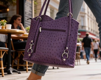 Vintage Leather Backpack Bag, Ostrich Embossed Purple Leather