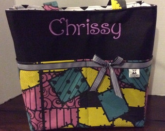 Personalized Diaper bag, tote bag, made with Sally's dress print fabric, nightmare before