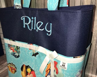 Personalized Mermaid tote bag/Mermaid diaper bag, or pocket bag made with Little Mermaid, Prince Erik, Ursula fabric