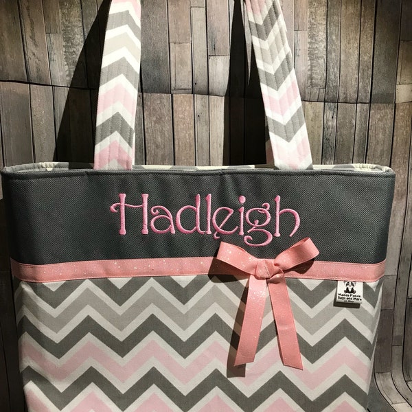 Personalized Diaper bag, tote bag, Bridesmaid tote, flower girl tote made with Pink and gray chevron or blue and gray chevron fabric