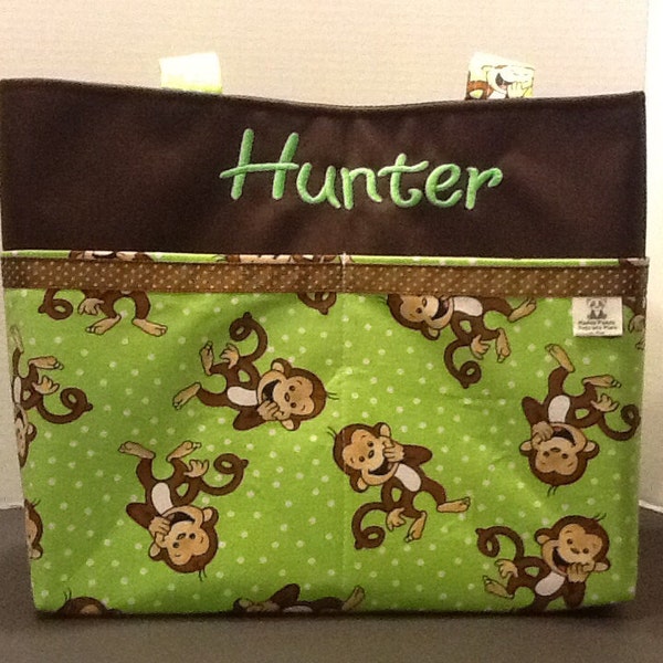 Personalized tote bag with lots of pockets made with monkeys, horses, whales, dirt bikes fabric