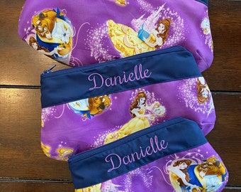 Personalized make up bag in 3 sizes made With Beauty and the Beast fabric  in your choice Of fabric