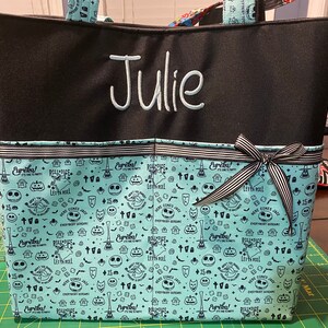 Personalized diaper/tote bag with lots of pockets made with Nightmare before Christmas Jack Skellington fabric fabric 8