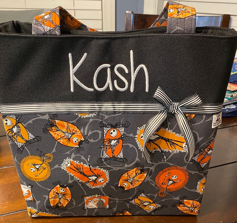 Personalized diaper/tote bag with lots of pockets made with Nightmare before Christmas Jack Skellington fabric image 2