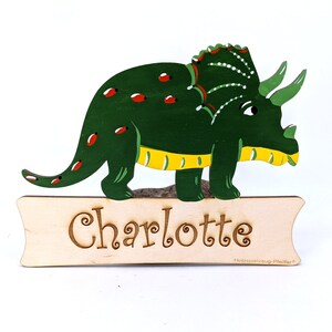 Signo de la puerta Nombre de los niños de madera - Dino Triceratops