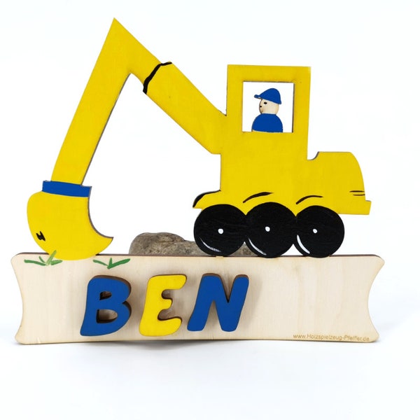 SALE - Door Sign Wood Children Names - Excavator