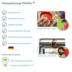 May include: A checklist of services offered by a family-run business that makes wooden toys. The services include free shipping, quality since 2000, fulfilling customer requests, personalized customer service, and handmade products from Germany. The checklist is accompanied by two images of women hand-painting and laser-engraving wooden toys.