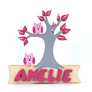 OFERTA Letrero para puerta con nombres de niños de madera - Búho de árbol