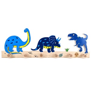 Kindergarderobe Holz mit Name, TRex, Triceratops & Langhals