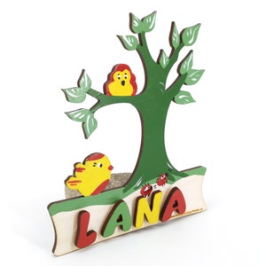 Signo de la puerta Nombres de los niños de madera - Tree Bird