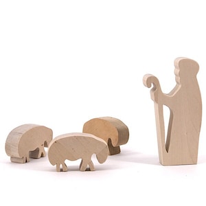 Nativity Figures Wood Handmade - Shepherd + 3 Sheep