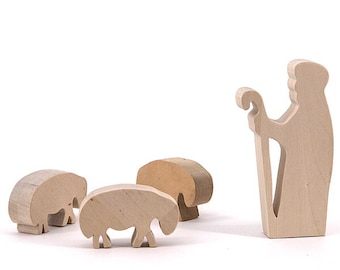 Nativity Figures Wood Handmade - Shepherd + 3 Sheep