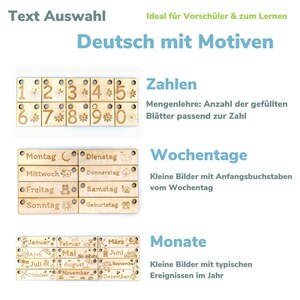 May include: Wooden blocks with numbers 1 through 10, days of the week, and months of the year. Each block has a small image related to the word on the block. The text "Deutsch mit Motiven" is at the top of the image.