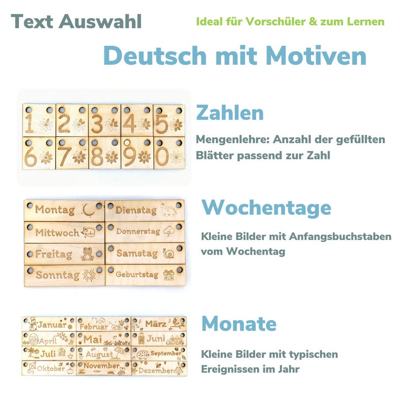 May include: Wooden blocks with numbers 1 through 10, days of the week, and months of the year. Each block has a small image related to the word on the block. The text "Deutsch mit Motiven" is at the top of the image.
