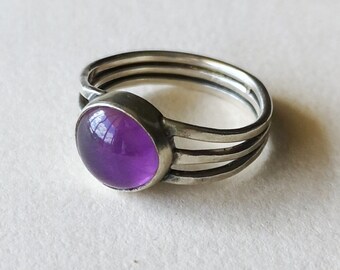 Silver Triple split band with round amethyst Ideal for engagement or wedding ring