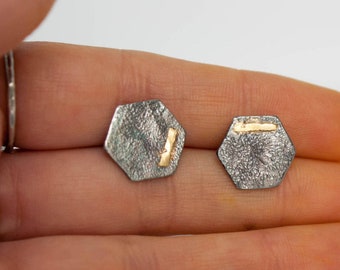 Hexagonal post earrings in sterling silver and gold, geometric stud earrings reticulated texture, one of a kind earrings mixed metal jewelry