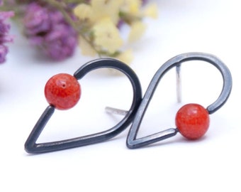 Red coral silver earrings small pearl earrings silver drop natural stone oxidized silver minimalist pearl earrings modern pearl earrings
