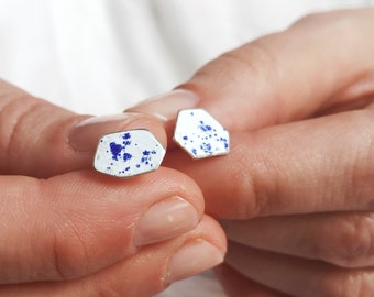 Blue and white enamel mismatch silver post earrings, geometric irregular hexagon, tiny fire enamel studs, lightweight everyday jewelry