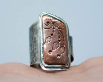 Sterling silver and copper ring, hand engraved, mehndi designs, henna design, statement ring, hammered texture, irregular ring, flower,